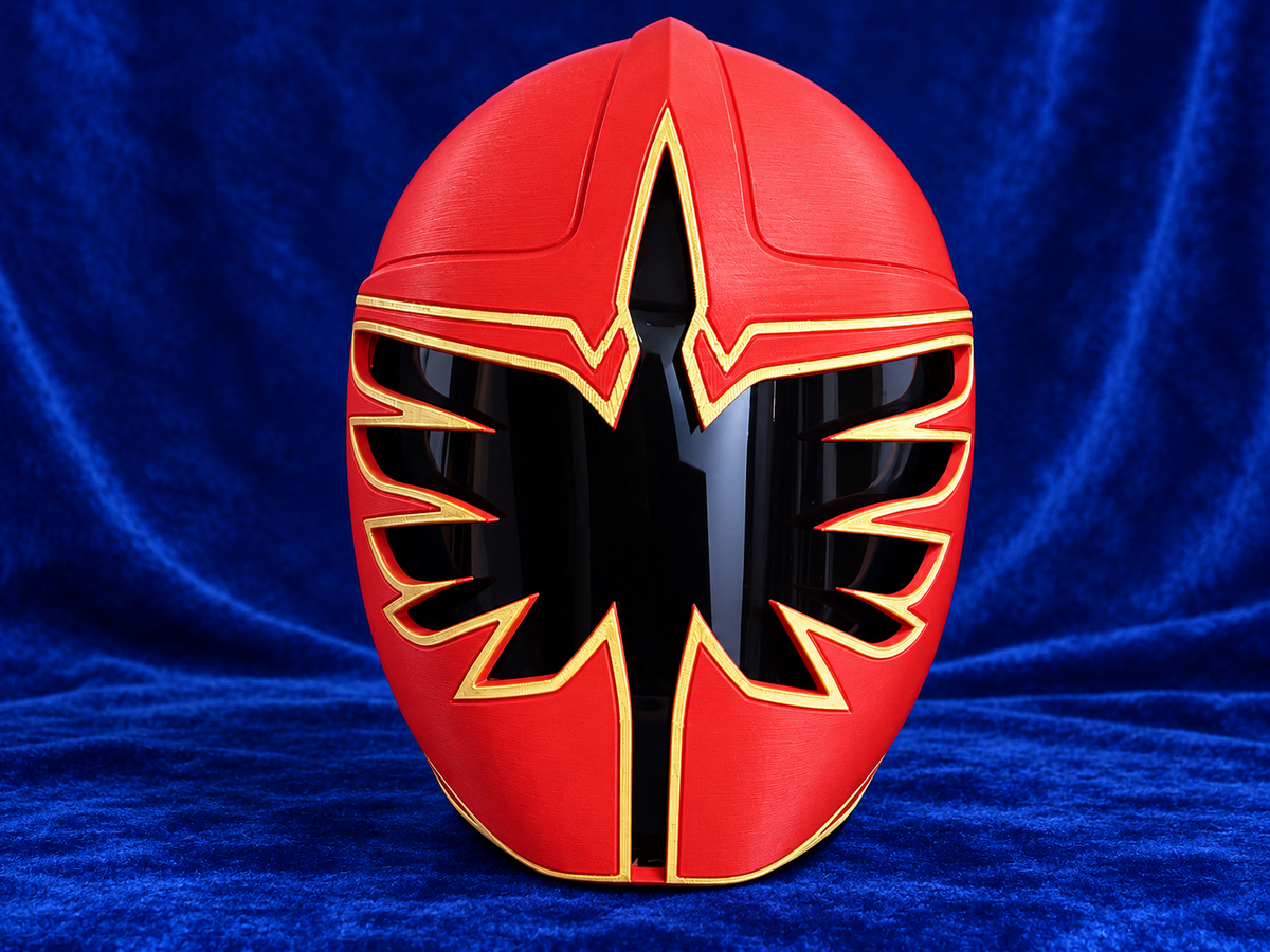 Power Rangers Mystic Force Red Ranger finished cosplay helmet, front view on blue velvet