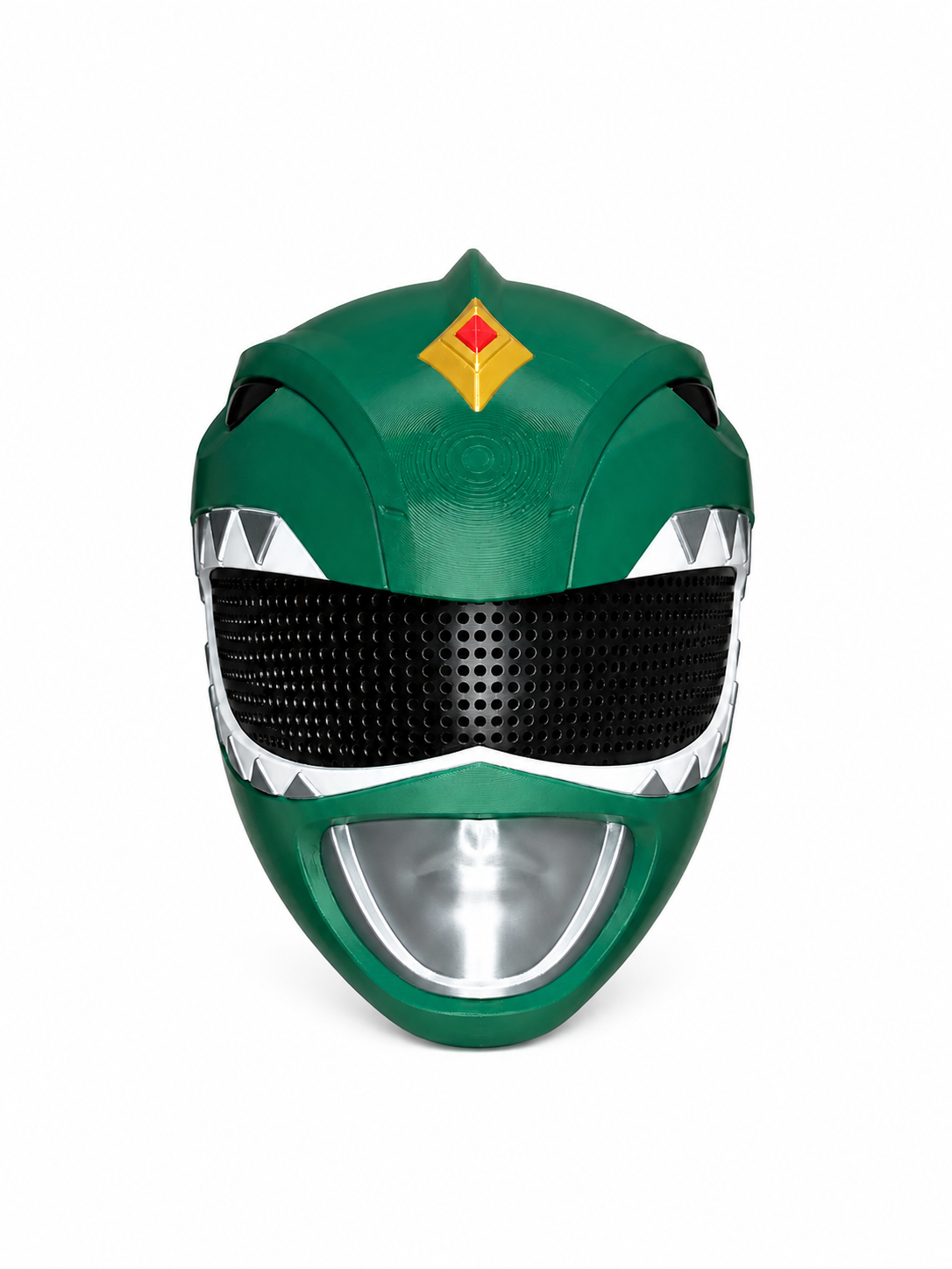 Finished Green Ranger-inspired cosplay helmet full front view