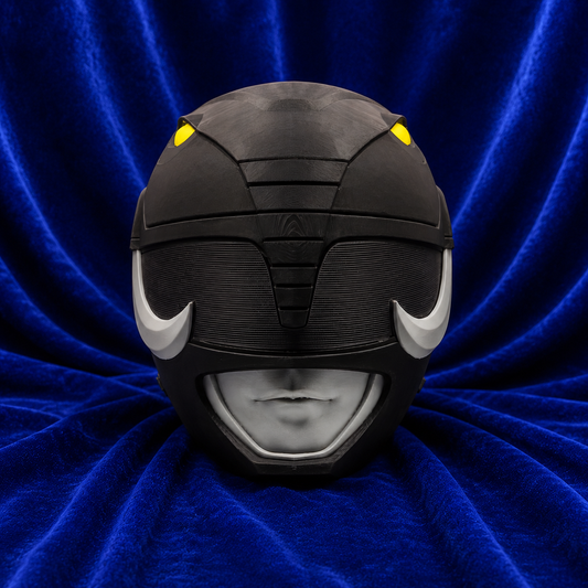 MMPR Black Ranger fully assembled 3D printed helmet, front view on blue velvet