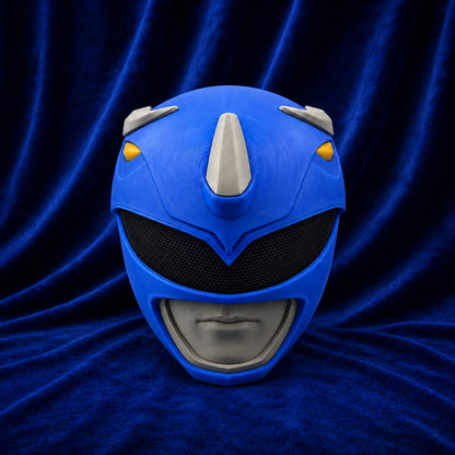 MMPR Blue Ranger fully assembled 3D printed helmet, front view on blue velvet
