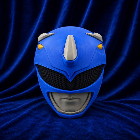 MMPR Blue Ranger fully assembled 3D printed helmet, front view on blue velvet