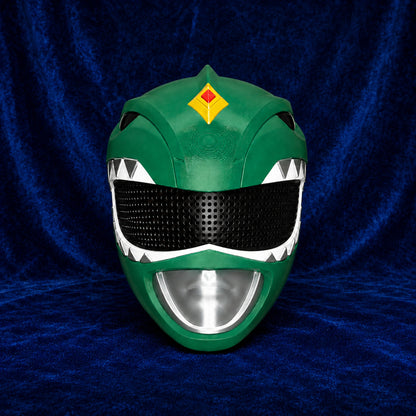 MMPR Green Ranger fully assembled 3D printed helmet, front view on blue velvet