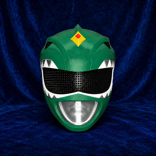 MMPR Green Ranger fully assembled 3D printed helmet, front view on blue velvet