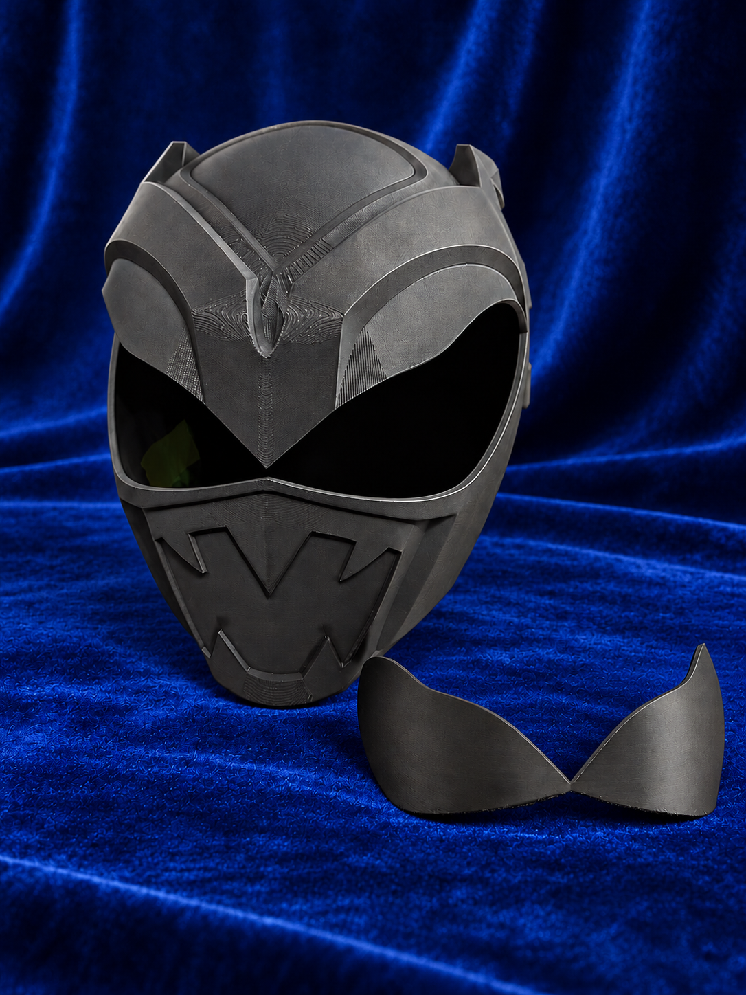 Psycho Ranger raw black PLA helmet kit on blue velvet, front view with the separate traceable visor mold