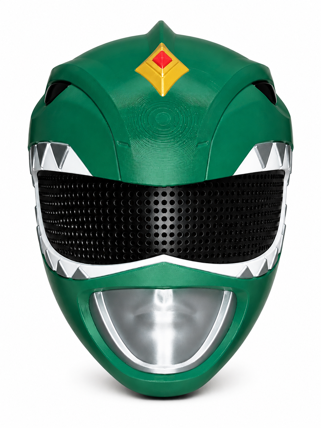 Finished Green Ranger-inspired cosplay helmet full front view