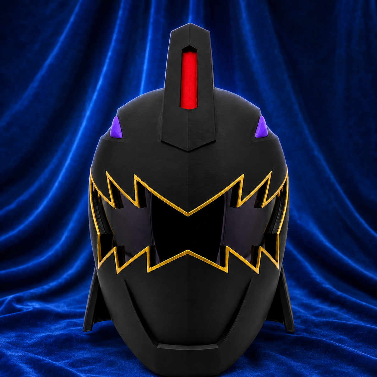 Power Rangers Dino Thunder Black Ranger finished cosplay helmet, front view on blue velvet