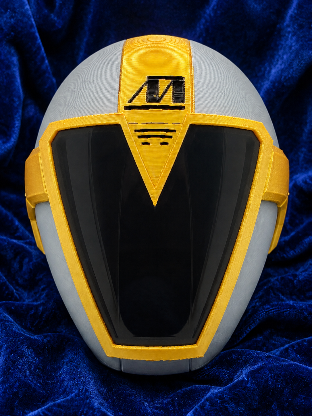 Power Rangers Lightspeed Rescue Titanium Ranger finished cosplay helmet, front view on blue velvet