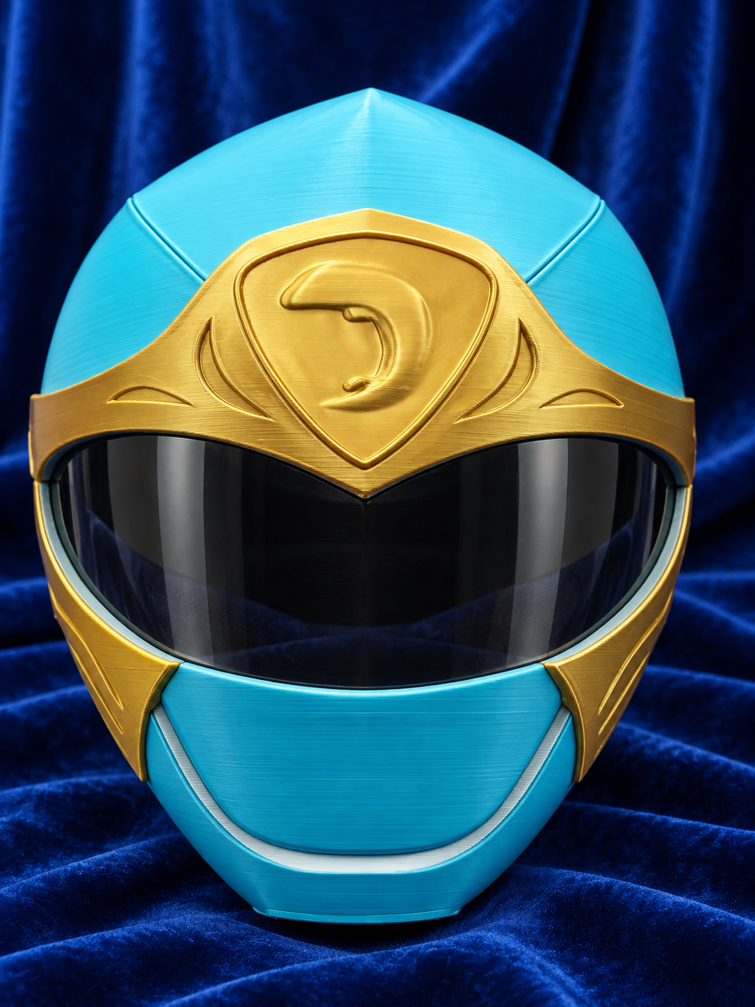 Power Rangers Ninja Storm Blue Ranger finished cosplay helmet, front view on blue velvet