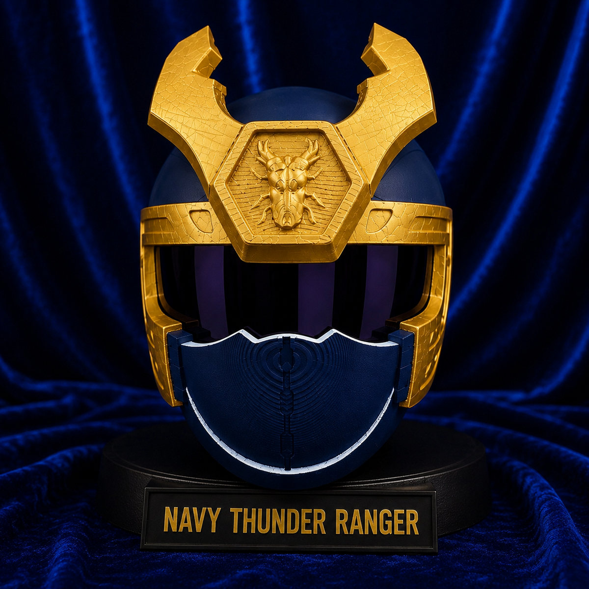Ninja Storm Navy Thunder Ranger cosplay helmet on a display stand against blue velvet