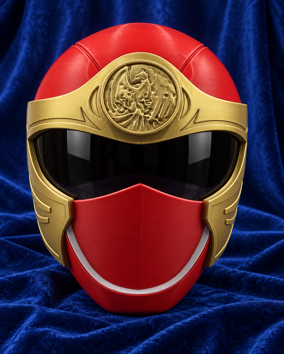 Power Rangers Ninja Storm Red Ranger finished cosplay helmet, front view on blue velvet