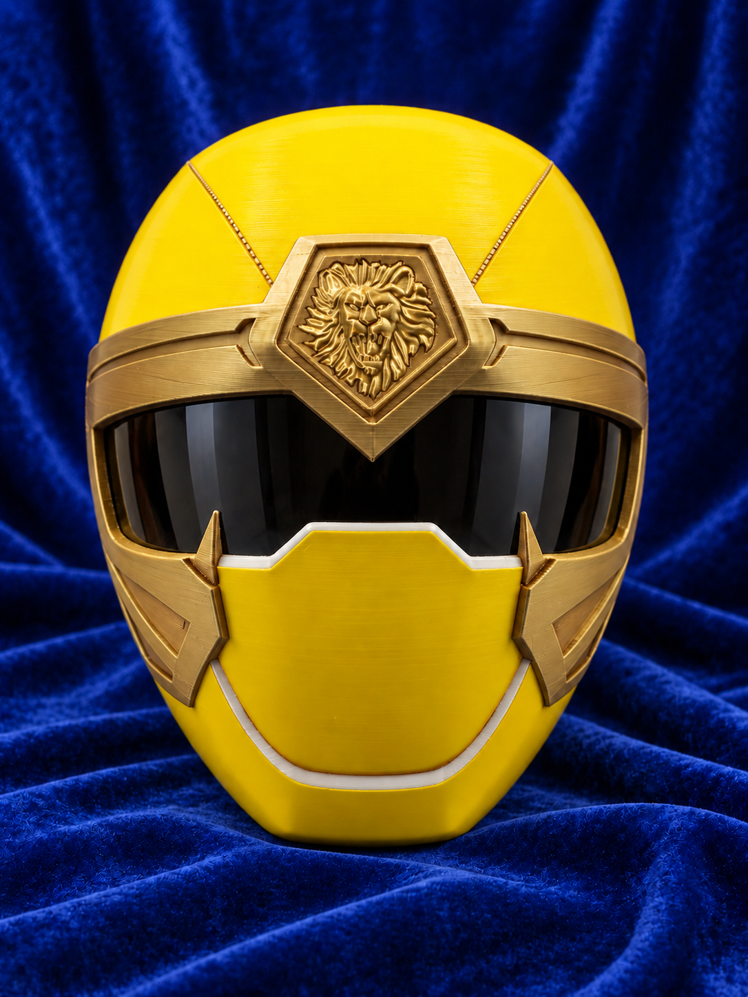 Power Rangers Ninja Storm Yellow Ranger finished cosplay helmet, front view on blue velvet