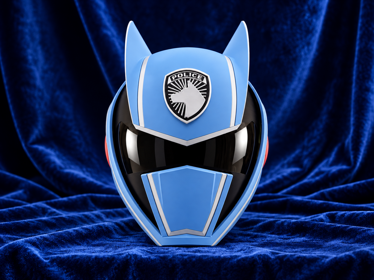 Power Rangers SPD Shadow Ranger finished cosplay helmet, front view on blue velvet