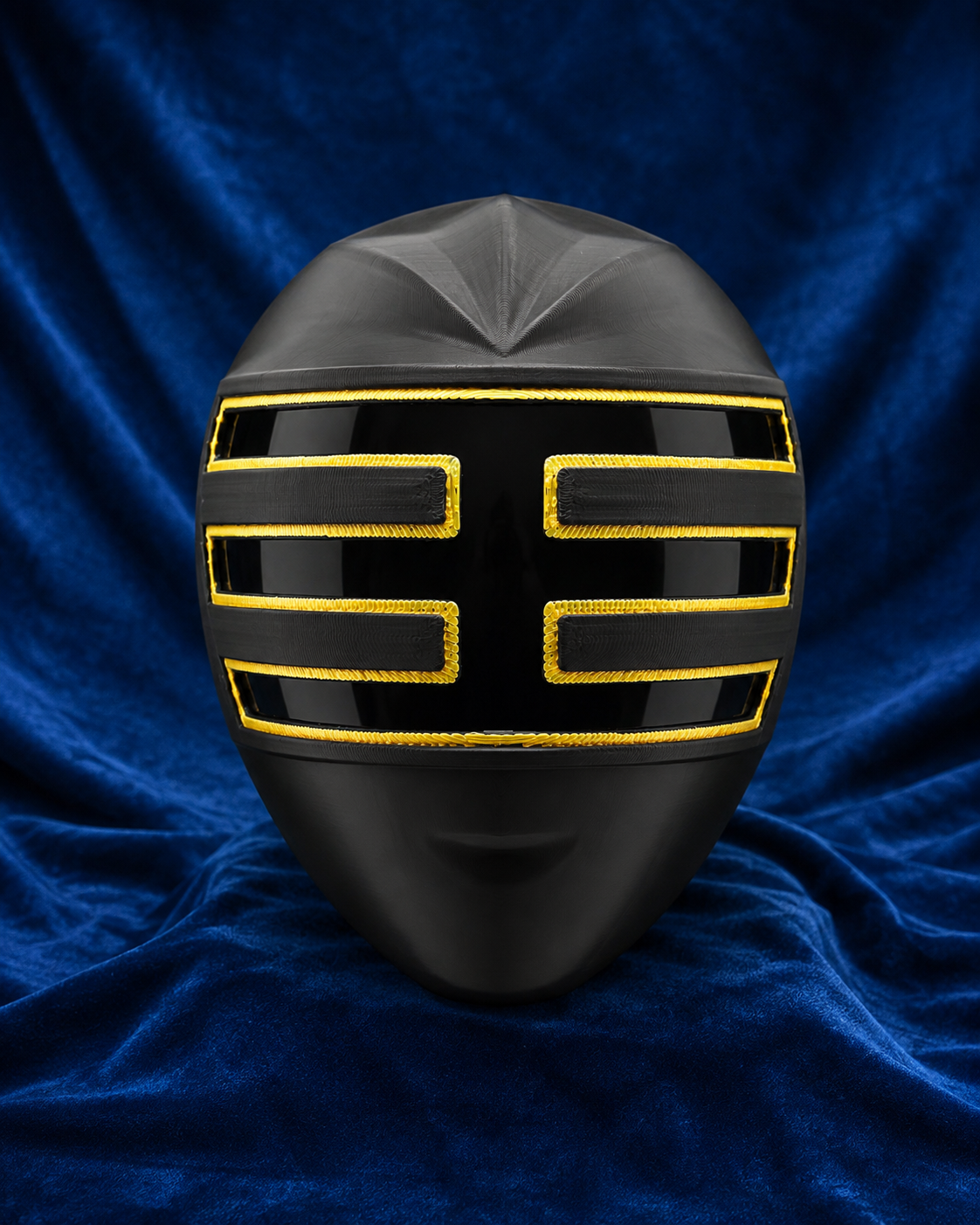 Power Rangers Zeo Gold Ranger finished cosplay helmet, front view on blue velvet